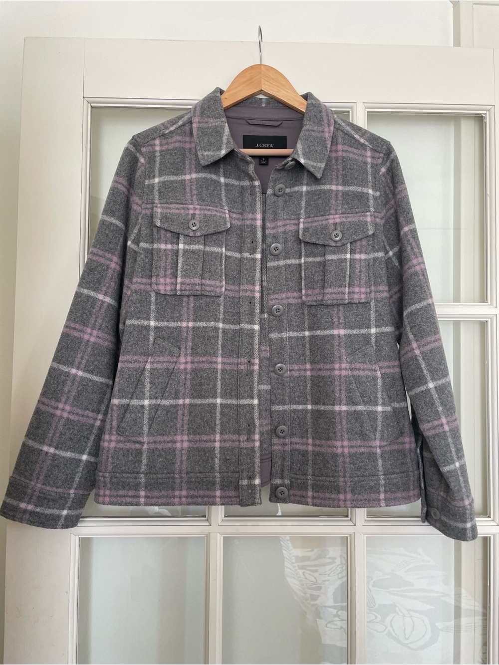 J Crew Shirt-jacket in stretch wool-blend plaid grey purple Women's Small #BJ936